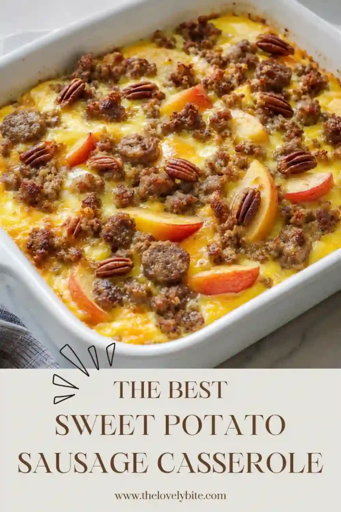A close-up of sweet potato sausage casserole topped with melted cheddar and crunchy pecans. Tender sweet potatoes and baked apples are layered with seasoned beef sausage for a hearty fall dinner.