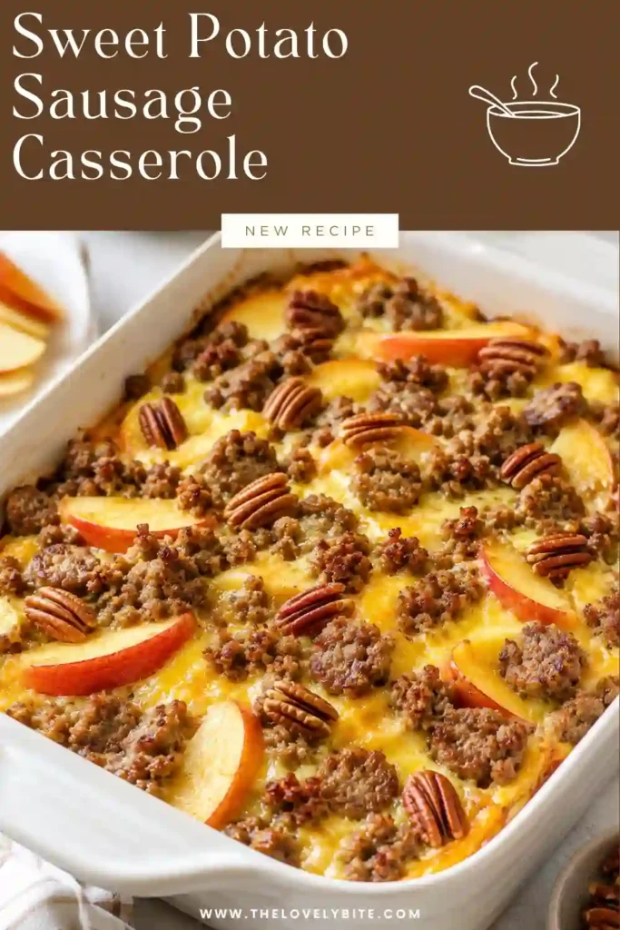 Homemade apple sweet potato casserole featuring sliced sweet potatoes, beef sausage, apples, pecans, cinnamon, and melted cheddar. The baked dish has a rich golden top and colorful layers.