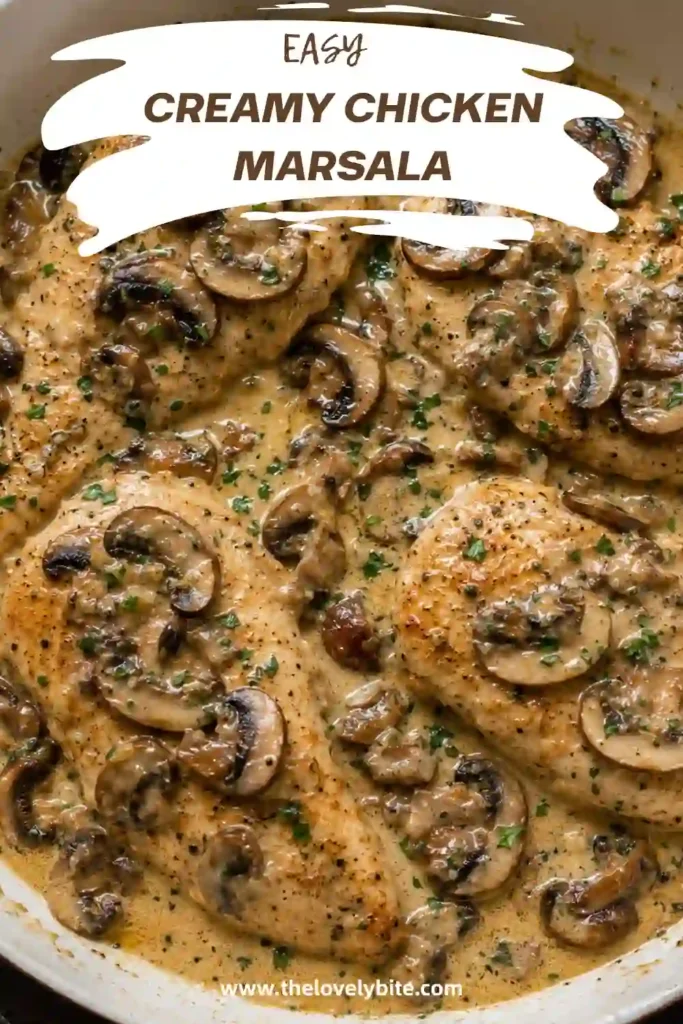 Alt Text: Creamy chicken marsala with tender sliced chicken and mushrooms coated in a rich, velvety cream sauce. Fresh parsley adds a bright finishing touch to this comforting chicken dinner.