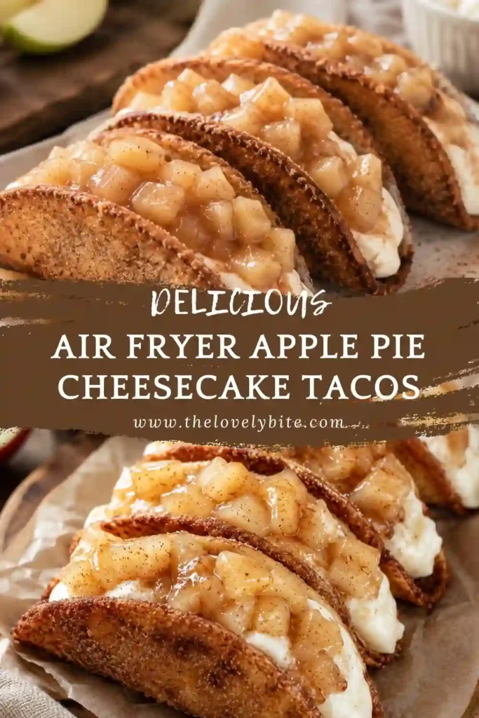 Mini apple pie cheesecake tacos with golden crispy shells, smooth cream cheese filling and cinnamon-spiced apples. Caramel drizzle and graham cracker crumbs finish the fall dessert.