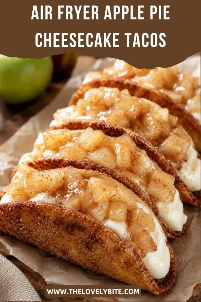 Air Fryer Apple Pie Cheesecake Tacos arranged on a serving plate with cinnamon apples, creamy cheesecake filling and caramel sauce. The miniature taco shells have a crisp golden graham cracker coating.