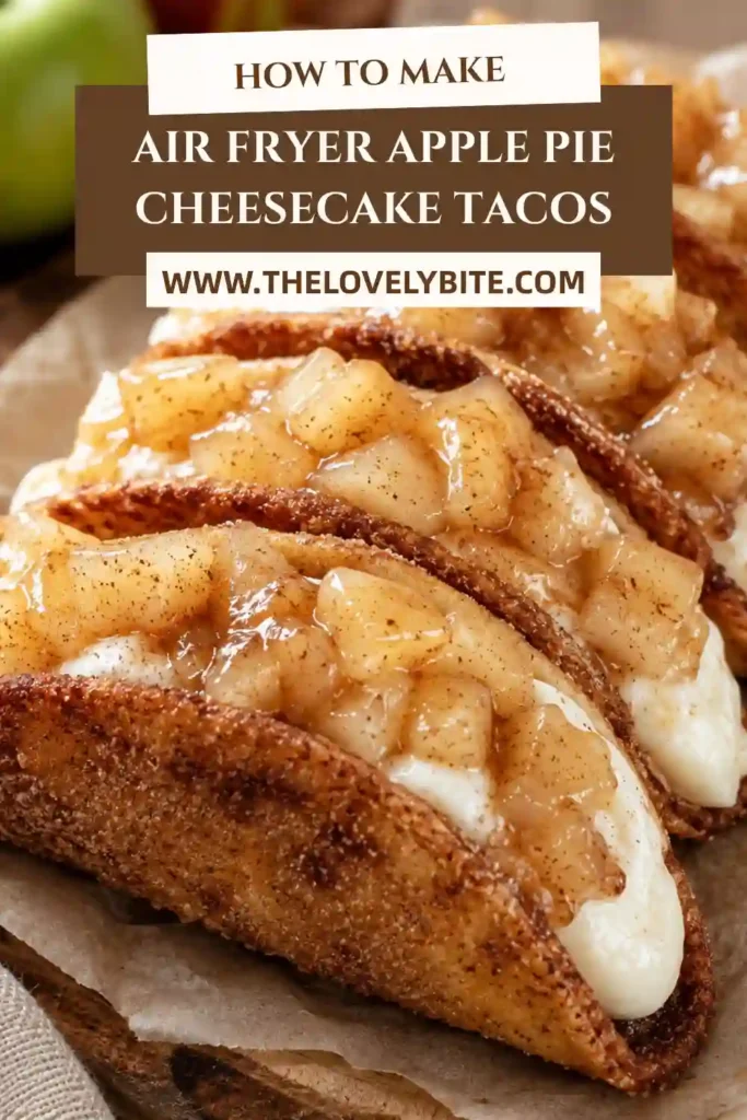 Air Fryer Apple Pie Cheesecake Tacos with crispy cinnamon-graham shells filled with creamy cheesecake and tender apple pie filling. Caramel sauce is drizzled over the mini dessert tacos.
