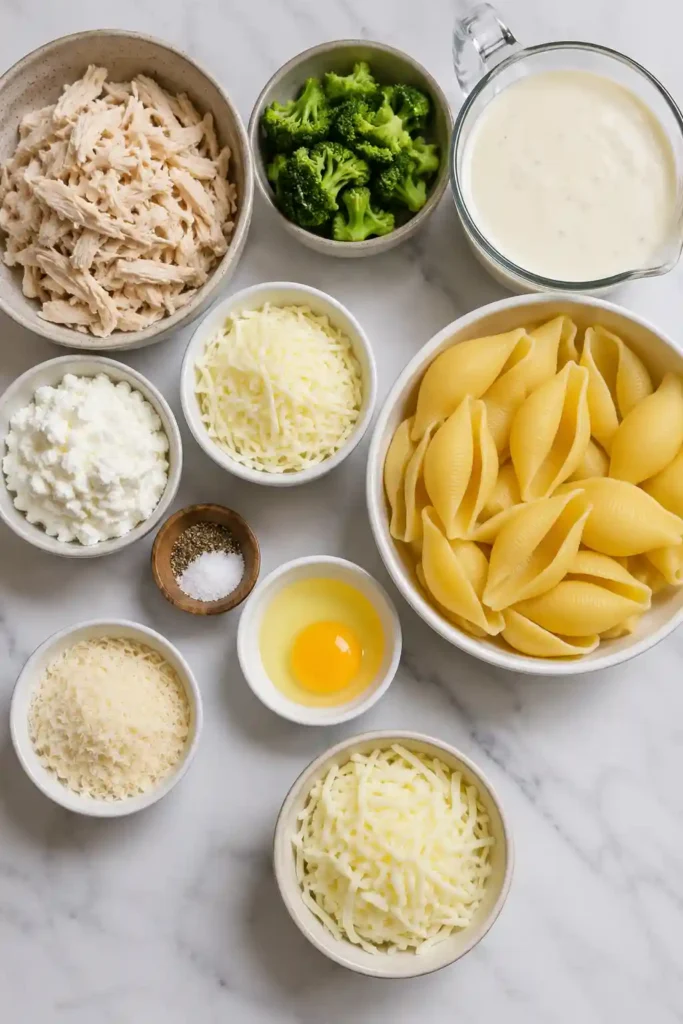 Air Fryer Chicken Alfredo Stuffed Shells filled with shredded chicken, ricotta, broccoli, and cheese, covered in creamy Alfredo sauce. The jumbo pasta shells are topped with melted mozzarella and Parmesan for a rich, comforting dinner.