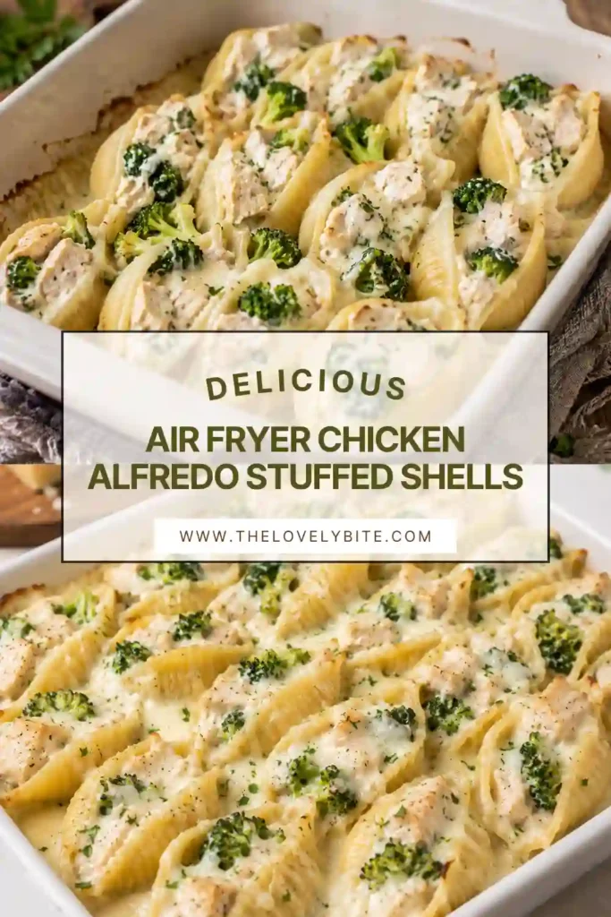 A baking dish filled with Air Fryer Chicken Alfredo Stuffed Shells topped with Alfredo sauce and melted mozzarella. The creamy chicken stuffed shells are golden, cheesy, and ready for a comforting family dinner.