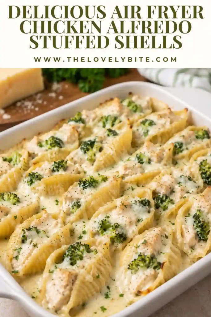 Air fryer stuffed shells featuring chicken, ricotta cheese, broccoli, and Alfredo sauce beneath a layer of melted mozzarella. These cheesy stuffed shells make an easy and satisfying pasta dinner.