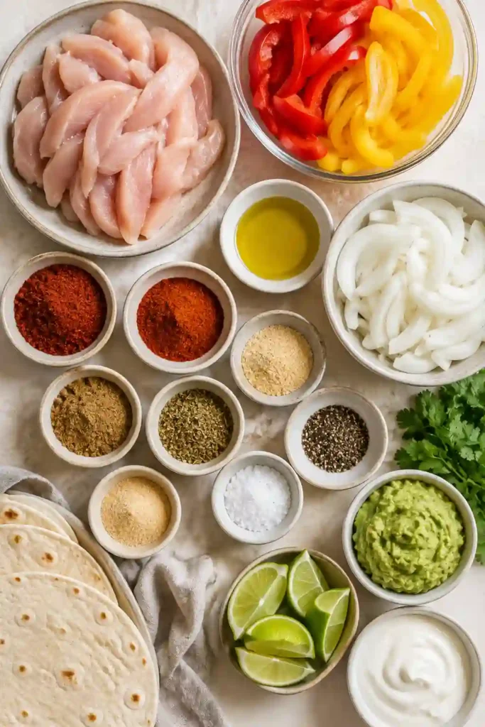 Homemade air fryer chicken fajitas served with warm tortillas, guacamole, lime wedges, and sour cream. The easy chicken fajitas feature tender seasoned chicken and colorful vegetables.