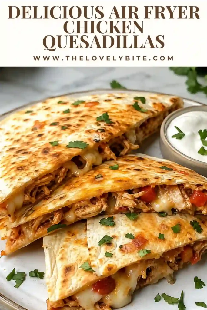 Freshly cooked Air Fryer Chicken Quesadillas featuring crispy flour tortillas, juicy chicken, and gooey cheese. This easy air fryer quesadilla is perfect for lunch or dinner.