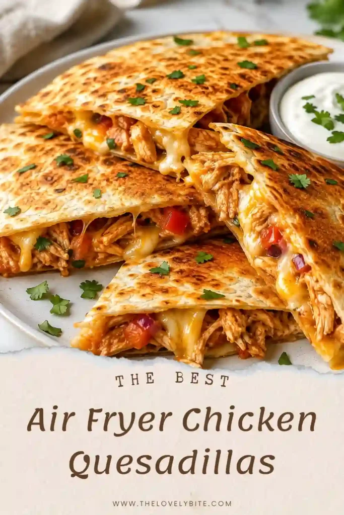 Close-up of crispy Air Fryer Chicken Quesadillas filled with seasoned chicken and melted cheese. Garnished with lime wedges, salsa, and fresh herbs for serving.