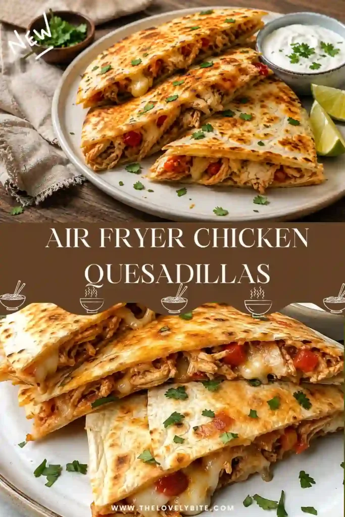 Cheesy Air Fryer Chicken Quesadillas arranged on a serving platter with guacamole and pico de gallo. A quick chicken dinner with crispy tortillas and bold flavors.