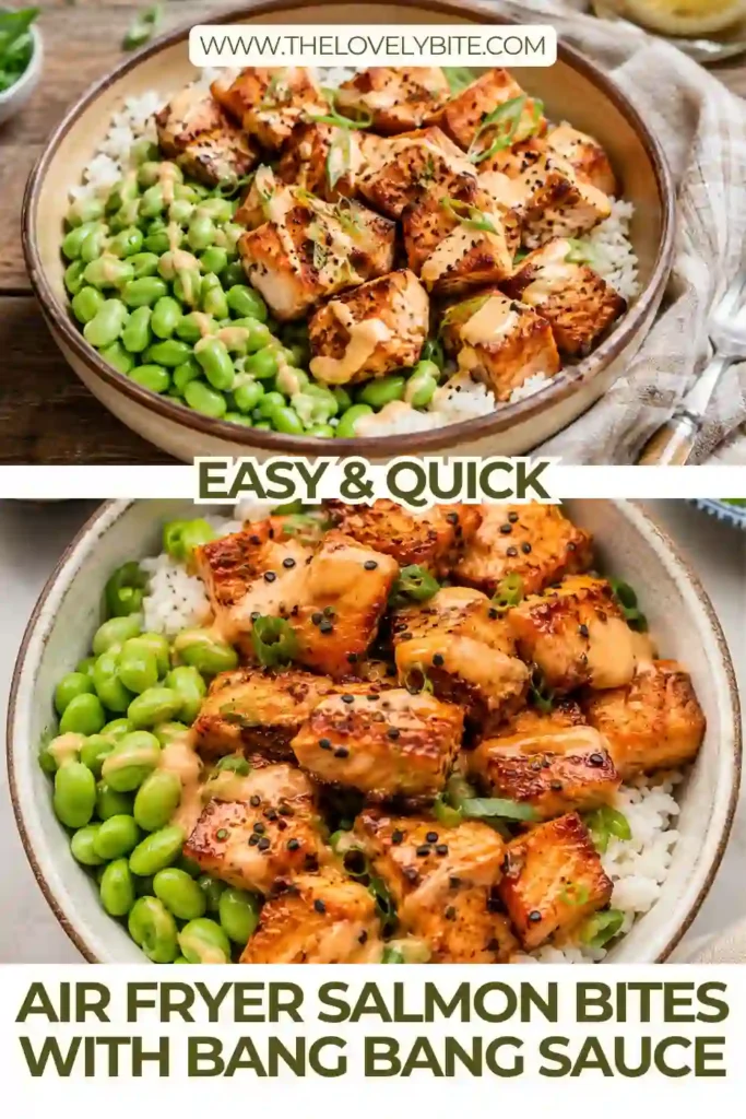 3. Honey garlic salmon bites cooked until browned and tender in the air fryer. Creamy bang bang sauce adds a sweet and spicy finish to this quick salmon recipe.
