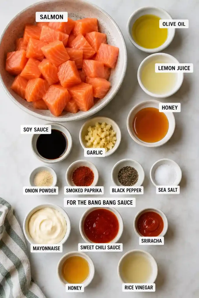 4. Bang bang salmon bites served hot with a creamy sweet chili sauce. These crispy salmon cubes are an easy air fryer salmon recipe for weeknight dinners and rice bowls.