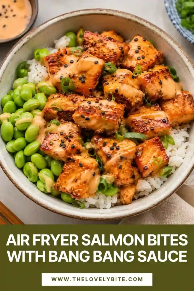 2. Crispy Air Fryer Salmon Bites coated in a honey garlic marinade and drizzled with spicy bang bang sauce. An easy salmon dinner with sweet, savory, and smoky flavors.