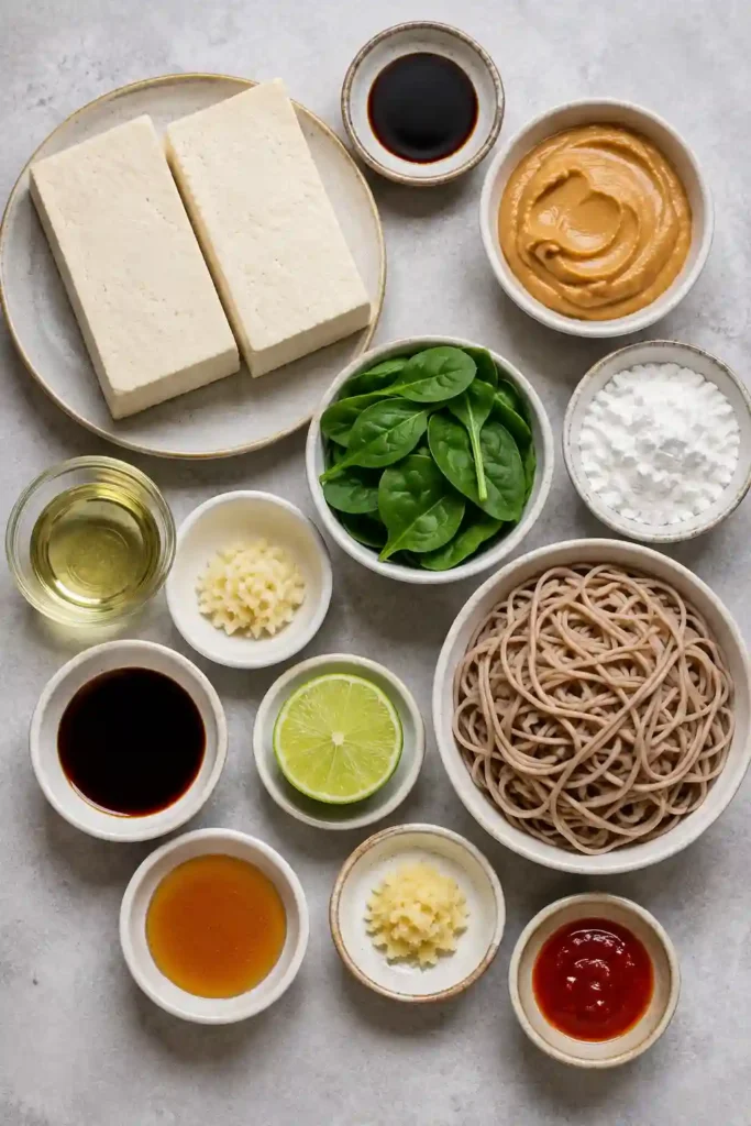 Crispy peanut sauce tofu arranged over soba noodles with vibrant spinach and garnished with sesame seeds. A wholesome Asian-inspired vegetarian meal.