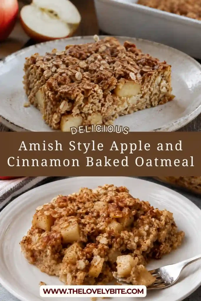 A square dish of Amish Style Apple and Cinnamon Baked Oatmeal topped with tender baked apple pieces and lightly golden oats. The cozy cinnamon oatmeal is served warm as a comforting breakfast.