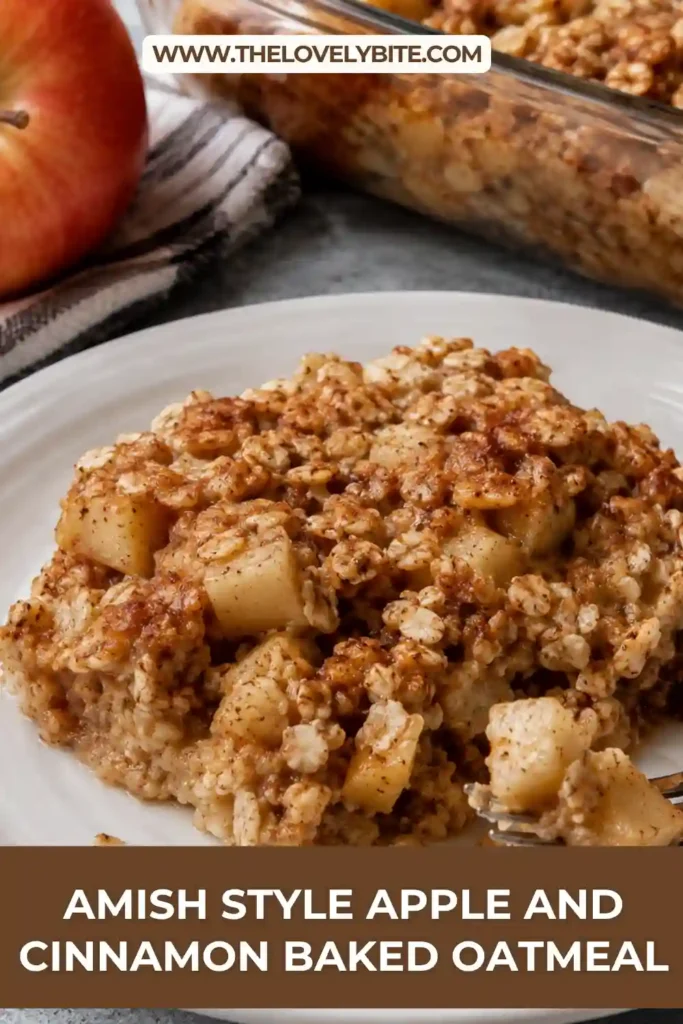 Homemade apple baked oatmeal with rolled oats, chopped apples, cinnamon, and warm spices in a golden baking dish. The baked oatmeal has a soft center and lightly browned top.