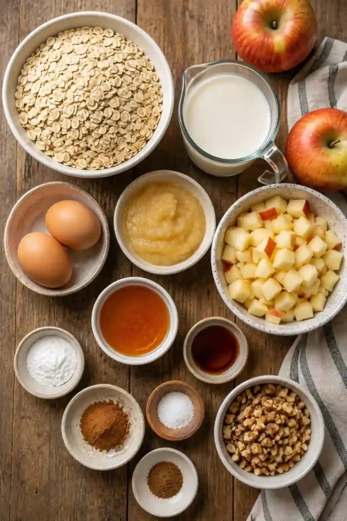 Amish baked oatmeal made with apples, applesauce, cinnamon, nutmeg, and rolled oats. The comforting breakfast has a soft, tender texture and golden-brown edges.
