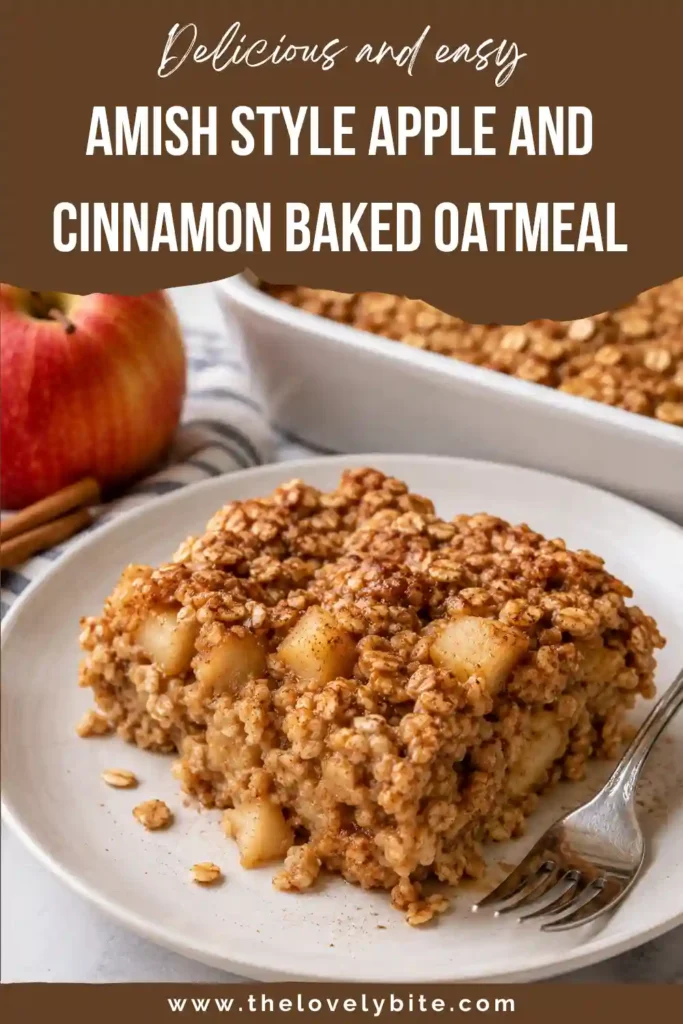 Warm cinnamon baked oatmeal filled with tender chunks of apple and hearty rolled oats. The rustic breakfast dish is golden on top and ready to serve with milk or maple syrup.