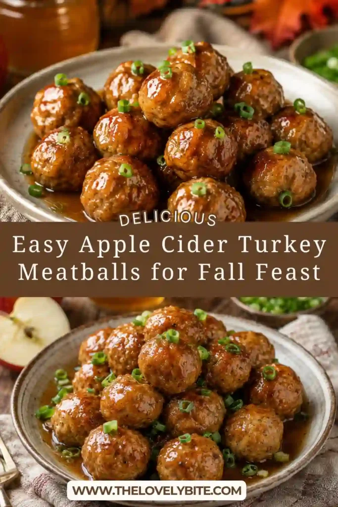 Glazed turkey meatballs covered in sticky apple cider and maple sauce with fresh green onions. These tender baked meatballs are served warm for a cozy fall meal.