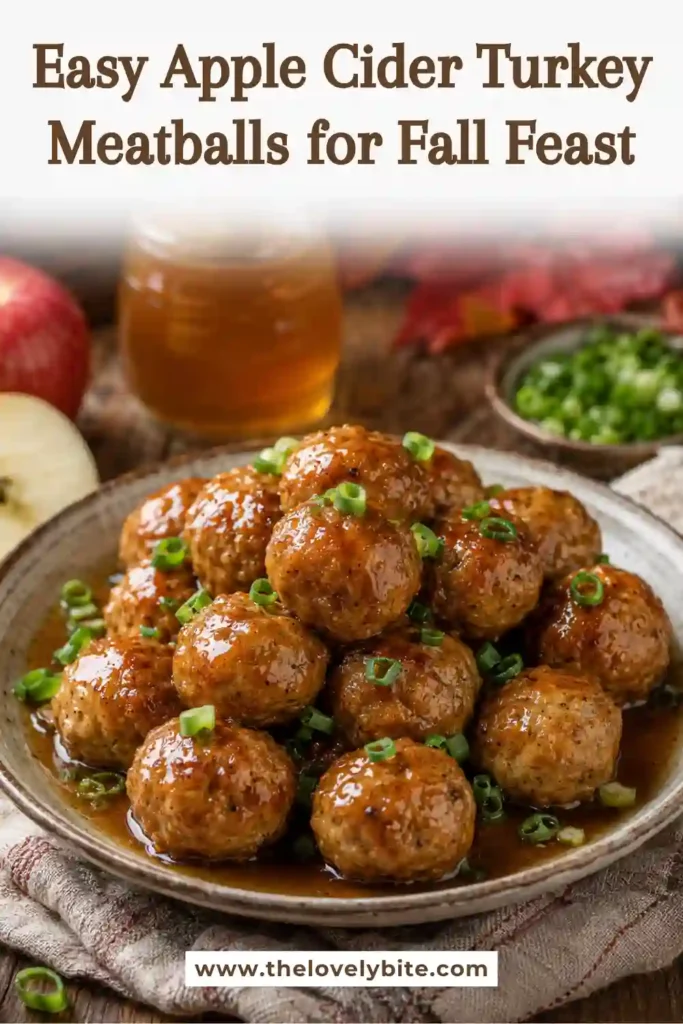 Apple Cider Turkey Meatballs coated in a glossy maple apple cider glaze and topped with sliced green onions. The baked turkey meatballs have a warm golden-brown finish.