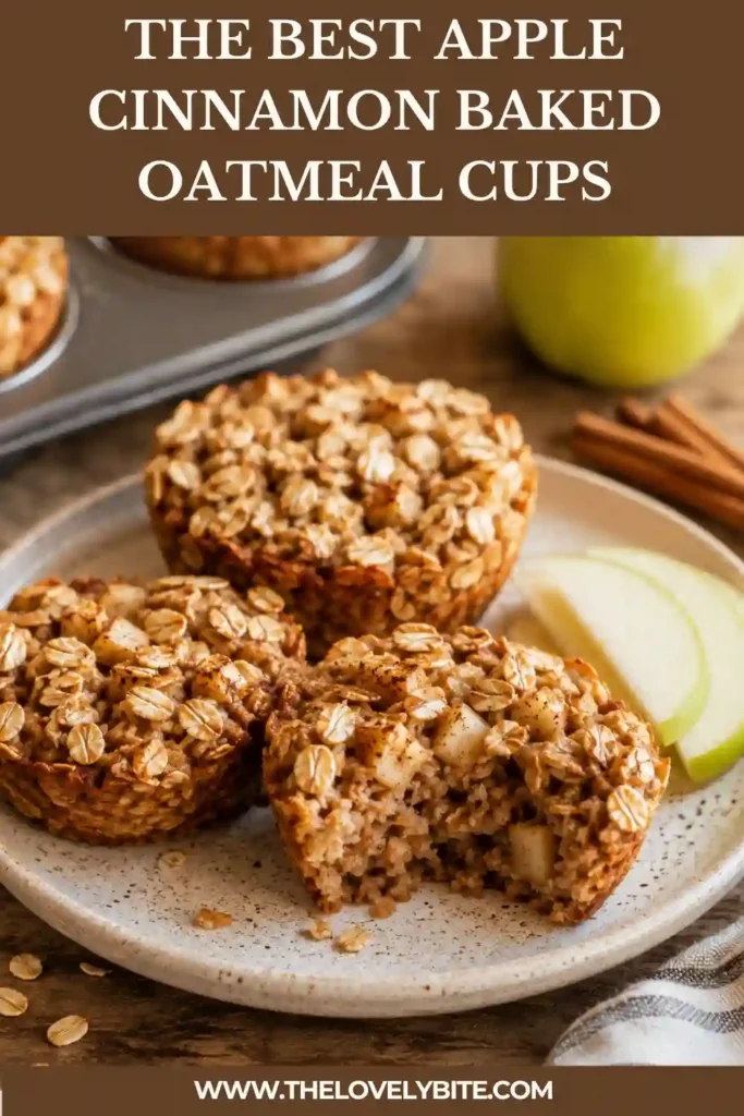 Apple Cinnamon Baked Oatmeal Cups arranged on a cooling rack with visible pieces of chopped apple and a golden-brown oat topping. The individual oatmeal cups have a soft, hearty texture and warm cinnamon color.