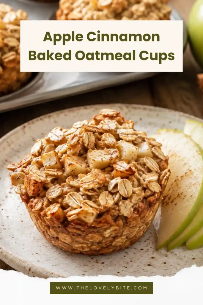 A close-up of Apple Cinnamon Baked Oatmeal Cups showing their tender oat texture and baked apple pieces. The individual cups are lightly golden on top with a warm cinnamon finish.