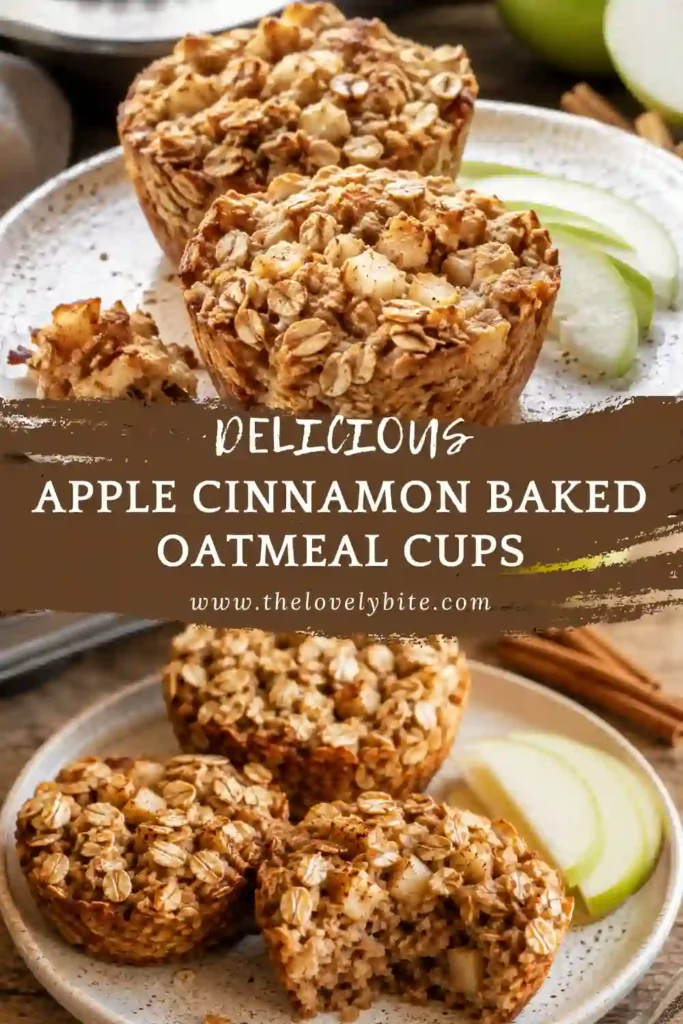 Apple Cinnamon Baked Oatmeal Cups served as individual breakfast portions with fresh apple pieces nearby. The baked oatmeal has a golden surface and a soft, satisfying texture.