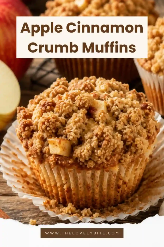 Close-up of moist cinnamon apple muffins topped with crunchy streusel and sweet vanilla drizzle. A comforting fall muffin recipe with fresh apples.