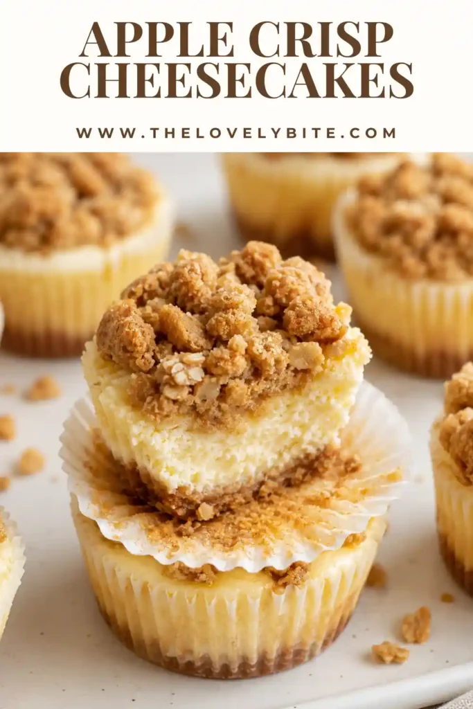 Apple crisp cheesecake bites with golden oat crumble, cinnamon apples and smooth cream cheese filling. The mini fall desserts are arranged on a rustic serving plate.
