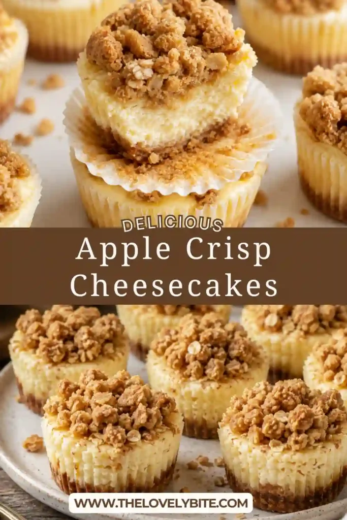 Apple Crisp Cheesecakes with creamy cheesecake filling, diced Granny Smith apples and golden cinnamon oat streusel. The individual cheesecakes sit on buttery graham cracker crusts.