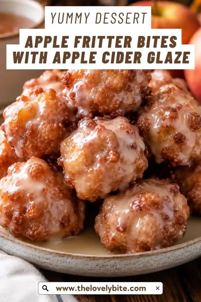 Homemade Apple Fritter Bites topped with a thick white apple cider glaze. Fresh apple pieces and cinnamon create a cozy baked fall dessert.
