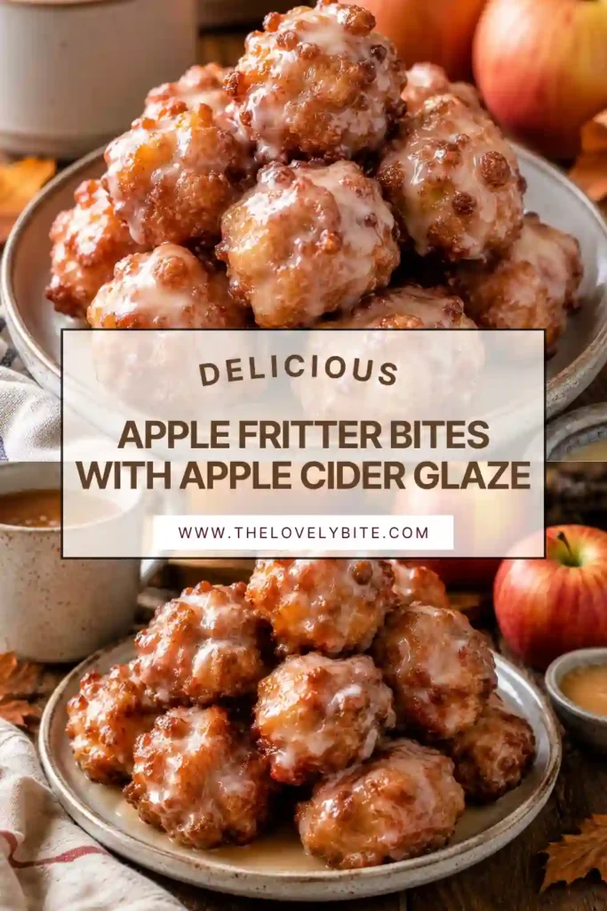 Baked apple fritter bites with golden caramelized edges and glossy apple cider glaze. The bite-sized treats are filled with diced fresh apples and warm cinnamon.