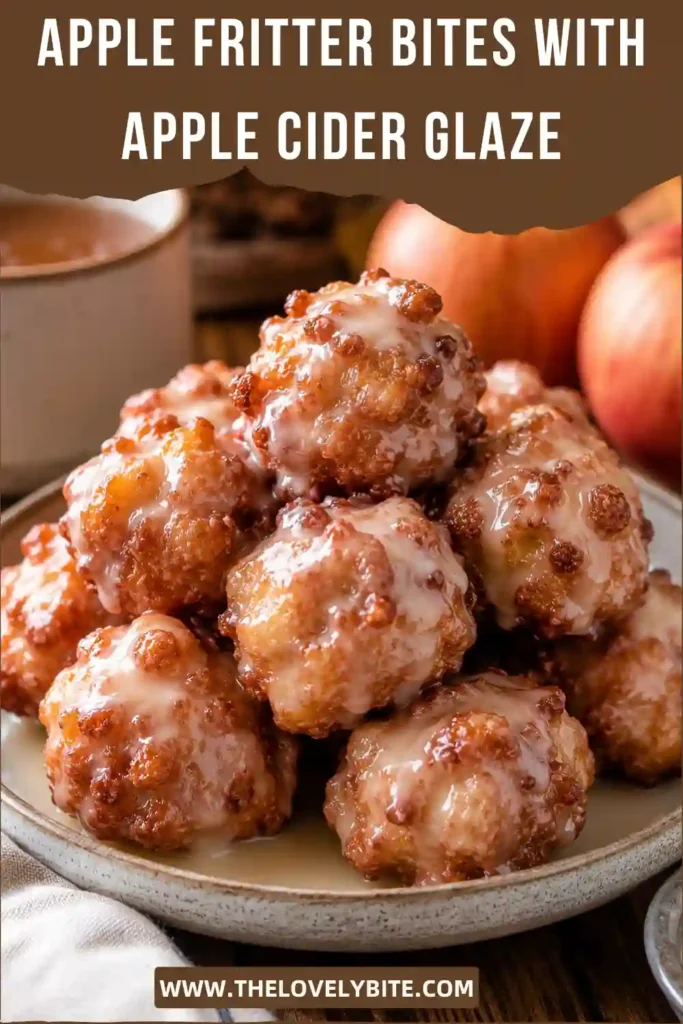 Apple Fritter Bites baked until golden and covered with a sweet apple cider glaze. Small pieces of fresh apple are visible inside the soft cinnamon-spiced bites.