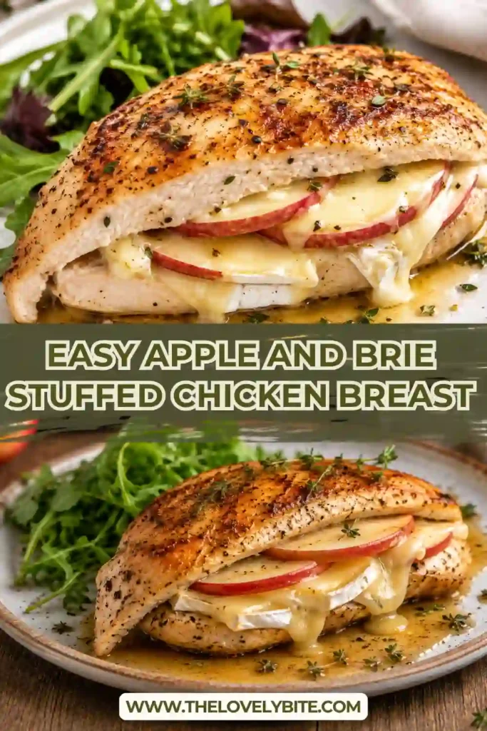 Apple and Brie Stuffed Chicken Breast sliced open to reveal melted Brie and tender apple slices inside juicy seasoned chicken. The golden baked chicken is served on a plate for an inviting family dinner.