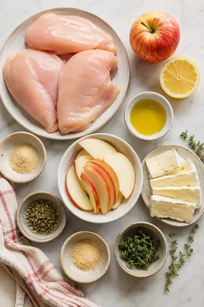 Apple stuffed chicken breast with creamy Brie cheese, golden seasoned chicken, and fresh thyme. The sliced chicken displays its sweet and savory filling in a close-up food presentation.
