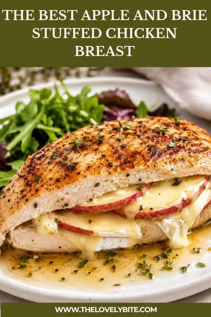 Baked stuffed chicken breast filled with thin apple slices and melted Brie cheese. The chicken has lightly browned edges and a juicy center, making it an appealing easy dinner.