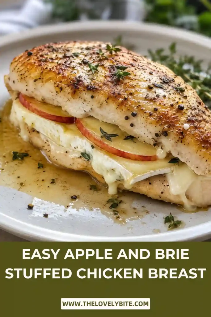 Apple and Brie chicken served warm with melted cheese and tender apple filling visible between slices. Fresh thyme adds a simple finishing touch to the savory baked chicken.