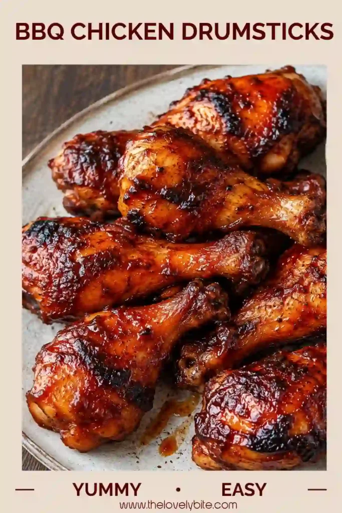 Close-up of smoky BBQ Chicken Drumsticks brushed with barbecue sauce and grilled to perfection. A delicious grilled chicken recipe for outdoor gatherings.