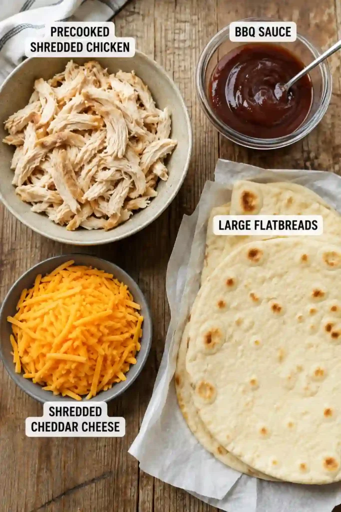 A BBQ Chicken Flatbread topped with shredded BBQ chicken and melted cheddar cheese on a crisp golden flatbread. The finished flatbread has lightly browned edges and a generous layer of cheesy chicken topping.