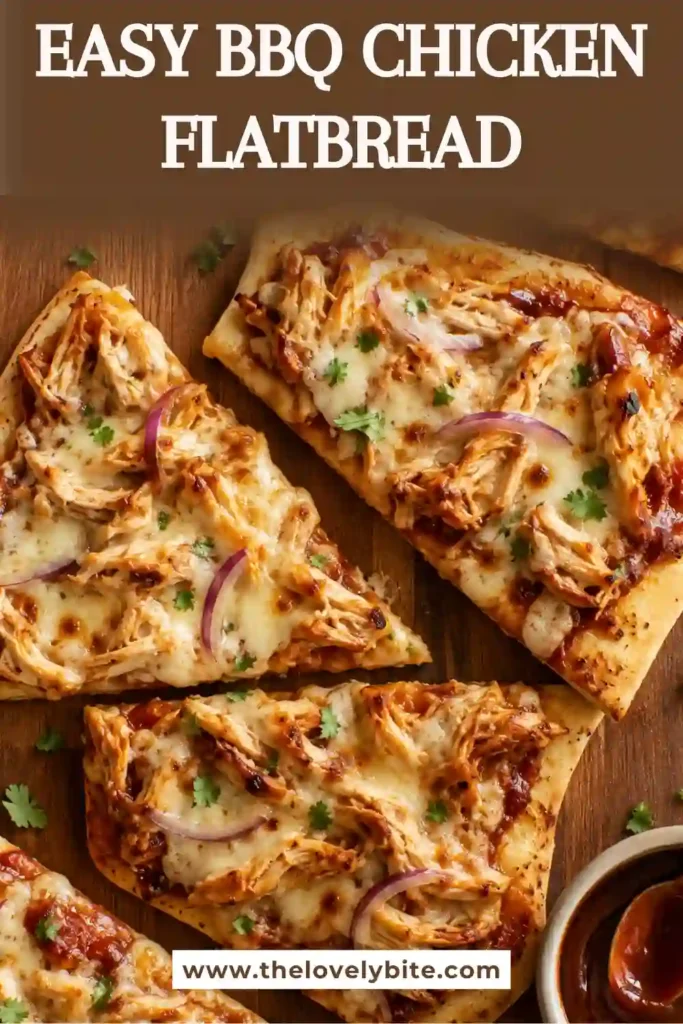 A sliced BBQ Chicken Flatbread showing crisp flatbread, saucy shredded chicken, and melted cheddar cheese. The individual pieces are golden, cheesy, and ready to serve.