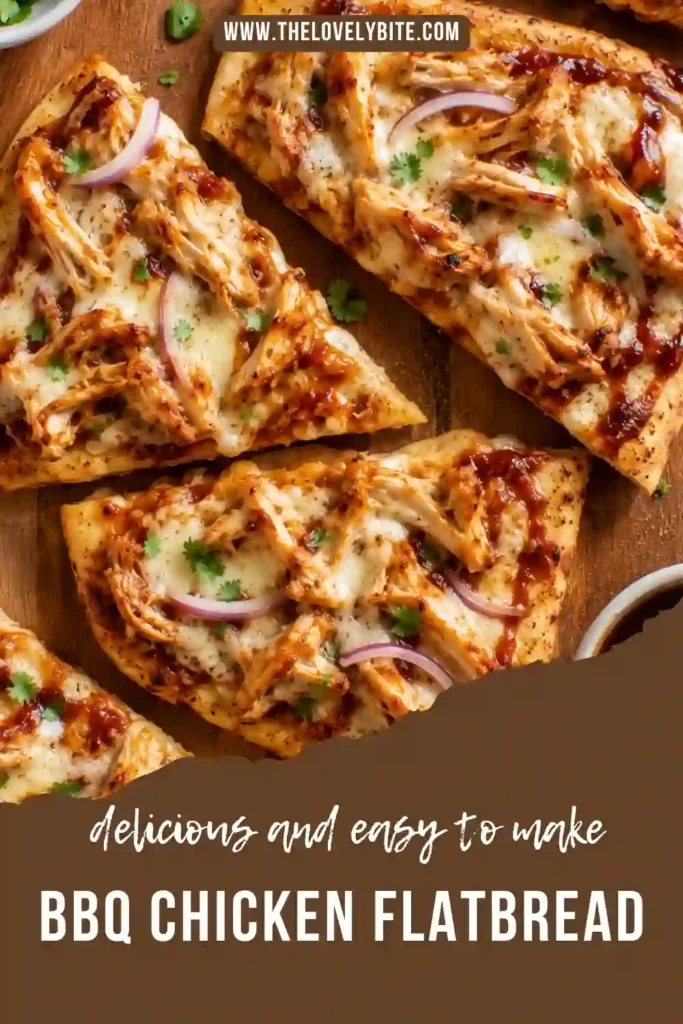 Close-up of BBQ Chicken Flatbread with tender shredded chicken coated in BBQ sauce and melted cheddar cheese. The flatbread is baked until crisp with lightly browned cheese around the edges.