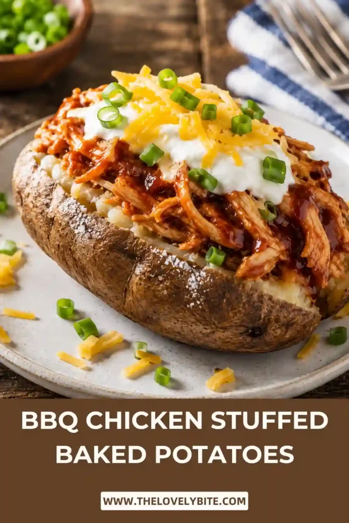 A baked potato meal featuring crispy potato skins stuffed with barbecue chicken and melted cheddar cheese. This easy family dinner is filling, flavorful, and simple to prepare.
