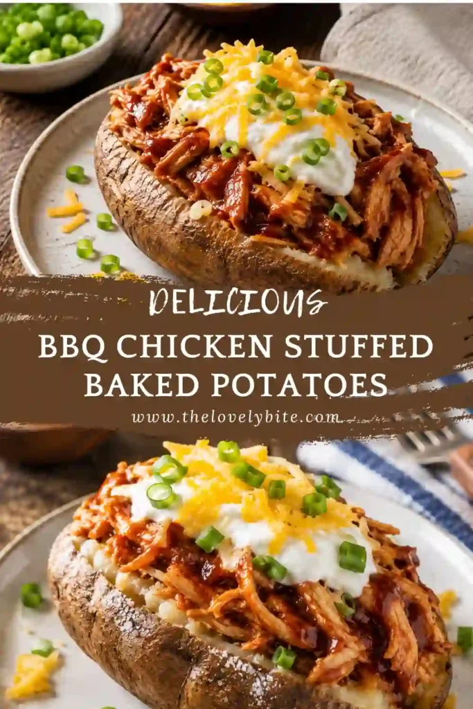 BBQ Chicken Stuffed Baked Potatoes are served with sour cream, shredded cheese, and fresh chives for a complete comfort food meal. These loaded baked potatoes are ideal for family dinners and meal prep.