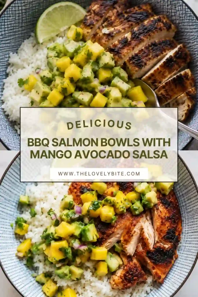 A colorful BBQ salmon bowl filled with seasoned salmon, white rice, mango, avocado, cilantro, and red onion. Fresh lime and tropical mango avocado salsa brighten the smoky salmon.