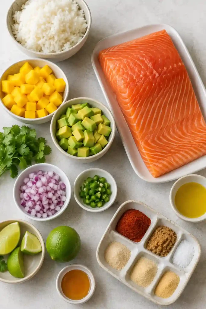 BBQ Salmon Bowls topped with fresh mango avocado salsa and served over fluffy white rice. The salmon has a smoky, caramelized BBQ seasoning crust with colorful mango, avocado, cilantro, and lime.