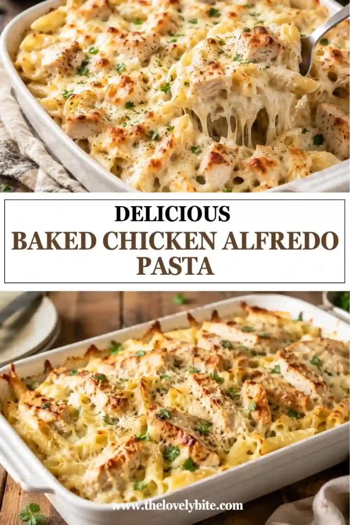 A baking dish filled with creamy Baked Chicken Alfredo Pasta topped with golden melted mozzarella and Parmesan cheese. The tender chicken and rich Alfredo sauce create the perfect comfort food dinner.