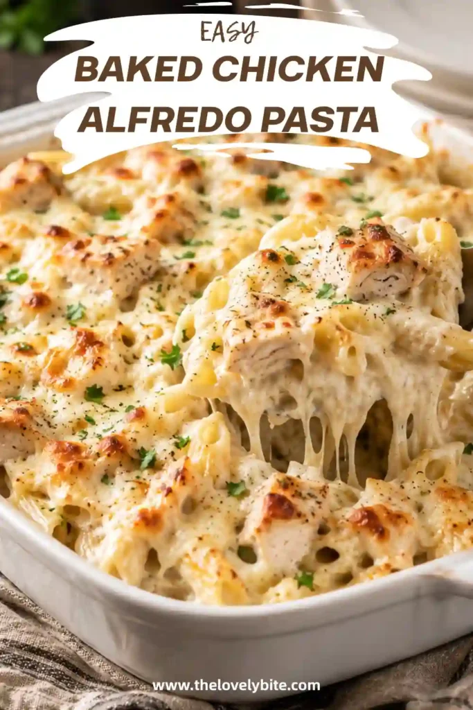 Freshly baked chicken Alfredo pasta casserole with creamy sauce, penne pasta, and bubbling mozzarella cheese. A hearty baked pasta recipe perfect for weeknight meals.