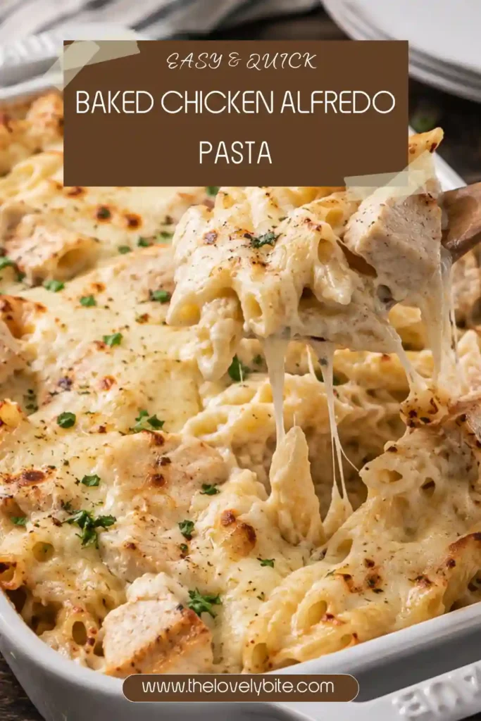 Close-up of creamy penne pasta coated in homemade Alfredo sauce with shredded chicken and melted cheese. A delicious baked chicken pasta casserole served warm.