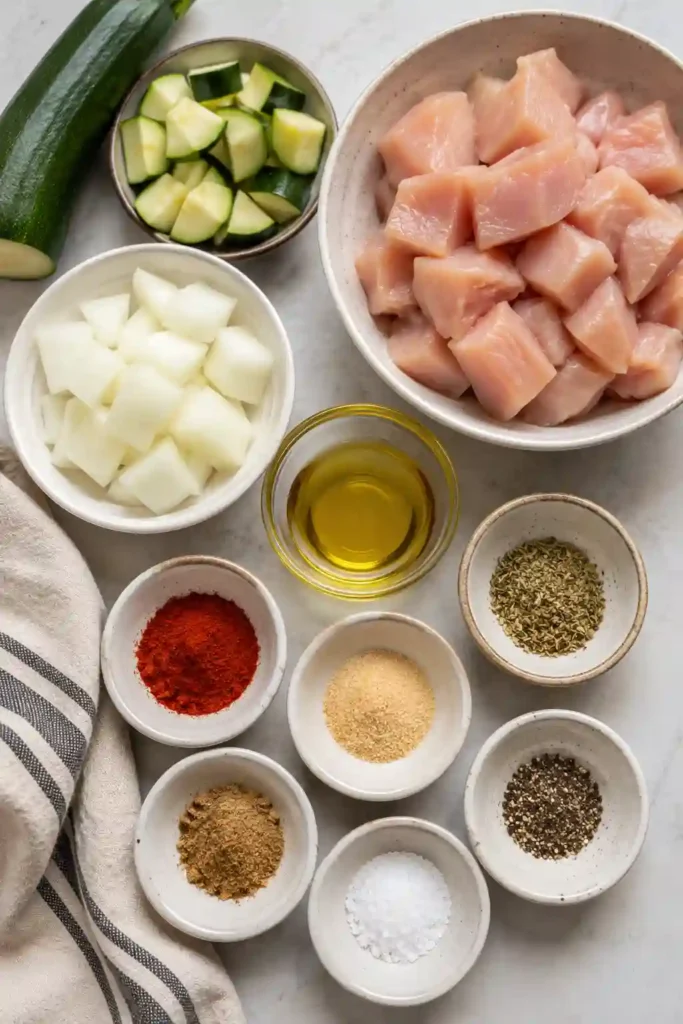 A baking dish filled with baked chicken and zucchini, tender chicken breast, sliced zucchini, and onion seasoned with smoky spices. The golden chicken and colorful vegetables make an inviting healthy dinner.