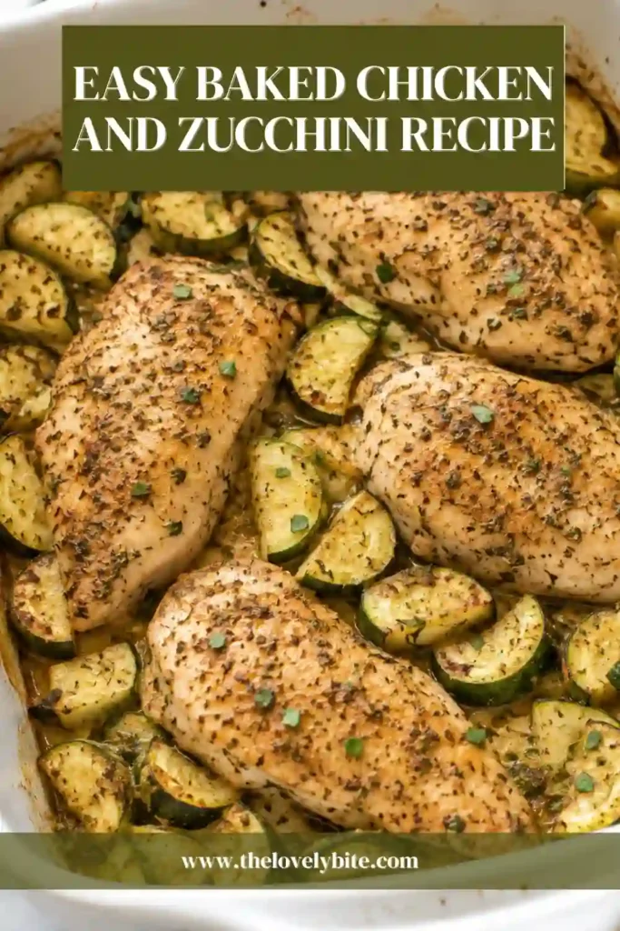 Easy chicken zucchini recipe featuring golden baked chicken breast, tender zucchini, and roasted onion in a baking dish. The vegetables are lightly browned and coated with aromatic herbs and spices.