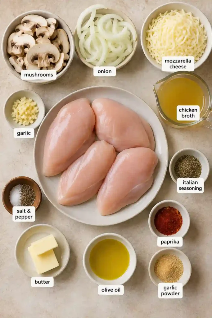 Baked Chicken with Mushrooms featuring tender seasoned chicken breasts, sautéed mushrooms, onions, and melted mozzarella in a baking dish. The golden cheesy topping and fresh parsley create an inviting family dinner.